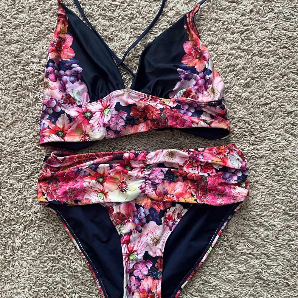 Floral Bikini Set with Pink and Navy